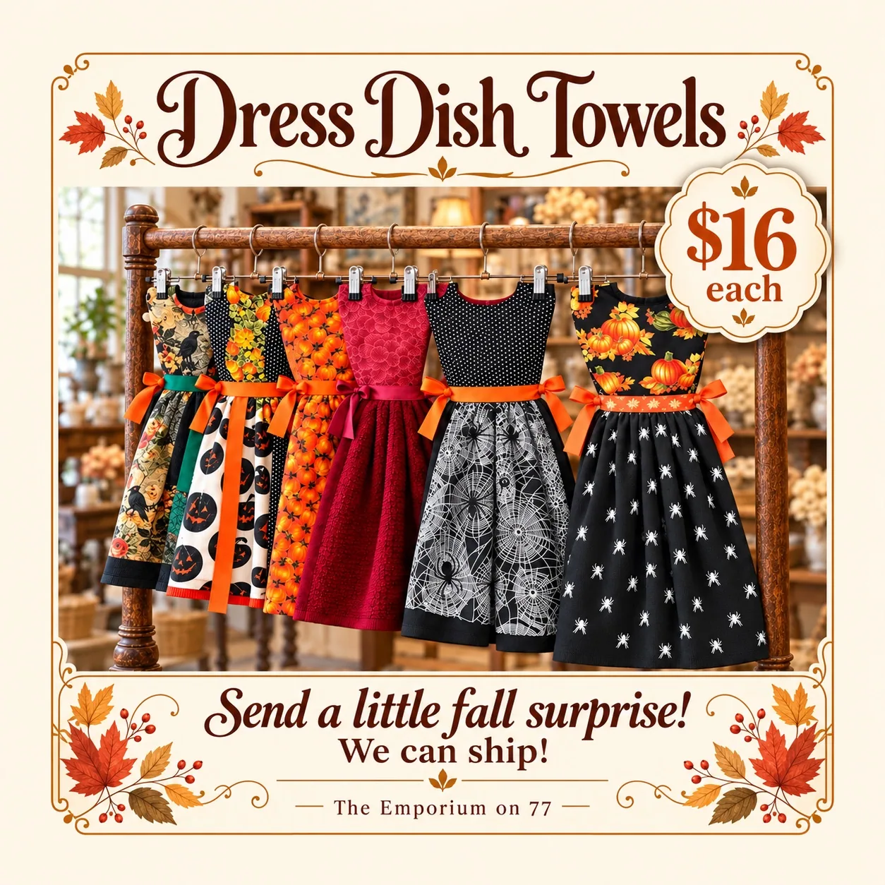 Dress dish towels displayed on a wooden rack