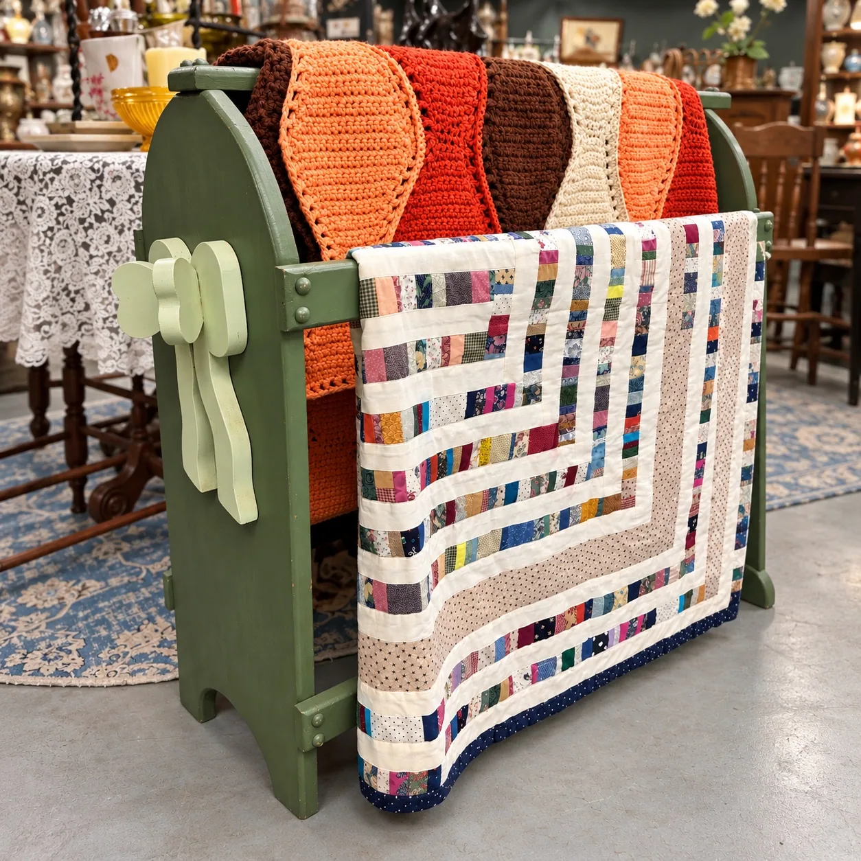 Colorful quilts and crochet throws displayed on a vintage green bench