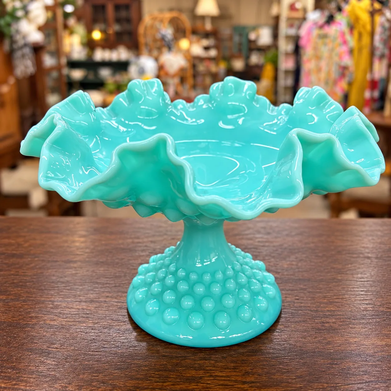 Turquoise vintage glass compote